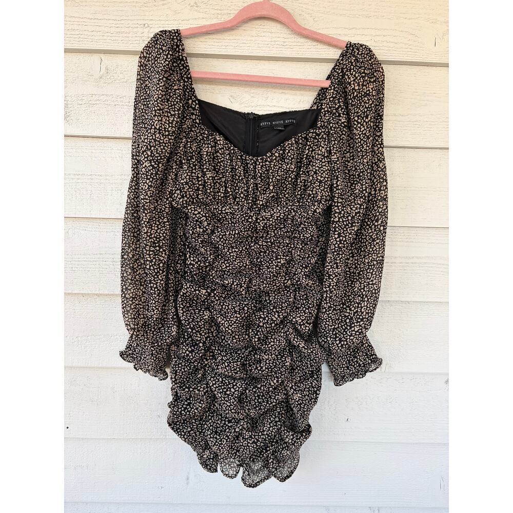 HYFVE Ruched Bodycon Mini Dress Brown Leopard Print Long Sleeve Size M - Picture 3 of 6